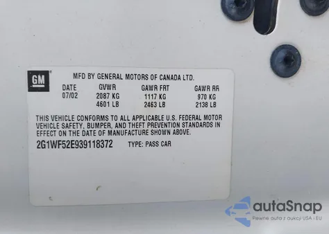 2003 Chevrolet Impala z USA, uszkodzony, nr VIN 2G1WF52E939118372